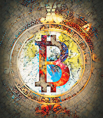 Bitcoin cryptocurrency concept and maya calendar, graphic collage in cosmic space.