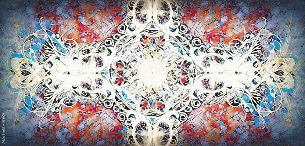 Poster ornamental mandala. original hand draw and computer collage. blue color structure. winter effect.