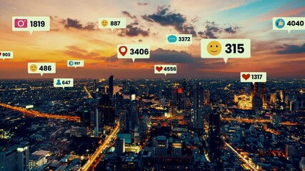 Social media icons fly over city downtown showing people engagement connection through social network application platform . Concept for online community and social media marketing strategy .