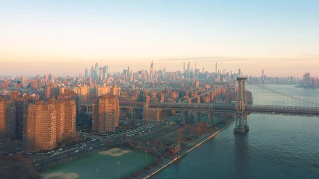 Aerial timelapse downtown manhattan at sunrise