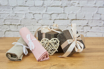 Handmade soap-scrub decorated with ribbons. Personal hygiene items, healthy lifestyle. Copy space for text.