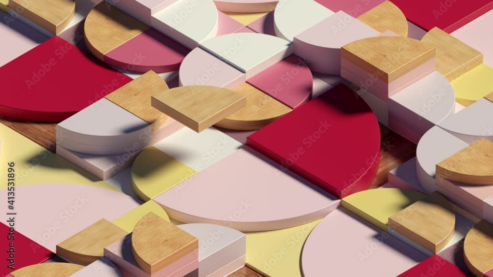 Poster isometric 3d colorful abstract render of pattern based background with red, yellow and wooden elemen