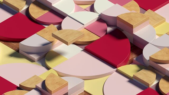 Isometric 3d colorful abstract  render of pattern based background with red, yellow and wooden elements.  Loop animation of up and down movement of shapes.