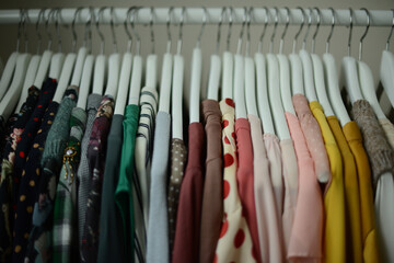 blouses in different colors hanging on white hangers on a clothing rack in a row, arranged by...