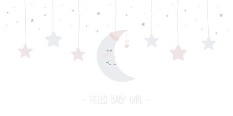 baby girl greeting card with hanging sleeping moon and stars vector illustration EPS10
