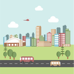 City with skyscrapers, business buildings, buses, clouds, blue sky. Cityscape view. Large city buildings. Clipart of city real estate. Flat vector illustration 