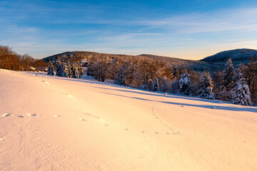 Sunrise or sunset in the winter mountains landscape. Yellow and blue clouds in the morning in czech republick