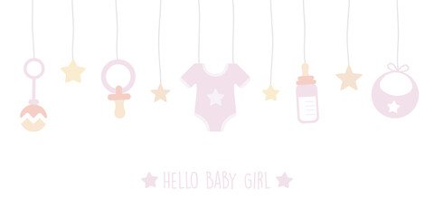 baby girl welcome greeting card for childbirth with hanging utensils vector illustration EPS10