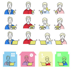 スマートフォン、タブレット、パソコンを操る人物イラスト
