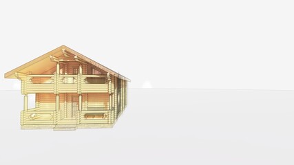 beautiful tiny log house on 2 floors with a balcony and terrace on an isolated background. Cottage, villa. An image drawn in watercolors for advertising materials with text on the right