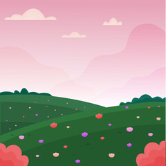 Vector illustration of a flower field. Pink sunset and clouds floating across the sky.
