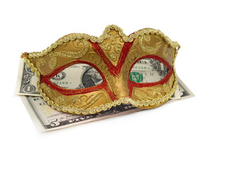 Traditional Brazilian carnival or festival mask with money (dollar bills) on a white background....