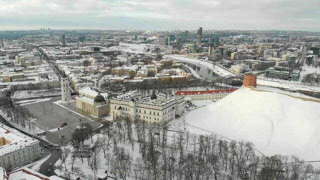 Beautiful sunny Vilnius city scene in winter. Aerial early morning view. Winter city scenery in Vilnius, Lithuania.