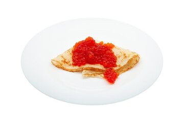 delicious pancake with red caviar on a white plate isolated on white background for your design or advertising