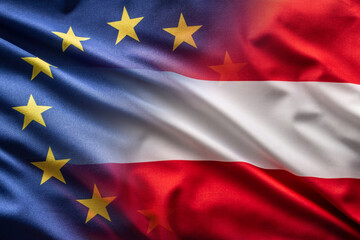 Flags of Austria and EU blowing in the wind