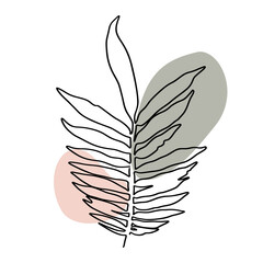 Tropical leaf one line art. Elegant outline drawing. . Modern abstract floral art and shapes isolated on white background. Pastel color palette combined with black graphics. Vector illustration.