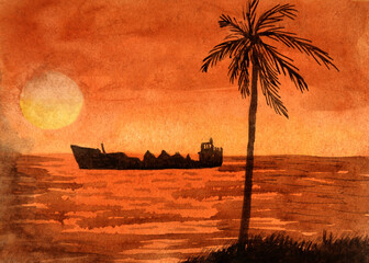 watercolor illustration with sunset sky, sea, ship, palm tree