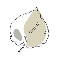 Tropical leaf one line art. Elegant outline drawing. . Modern abstract floral art and shapes isolated on white background. Pastel color palette combined with black graphics. Vector illustration.