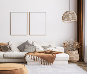 Frame mockup in bright living room design, white sofa in farmhouse boho interior style, 3d render