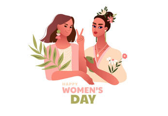 International Women Day. 8 March. Strong happy women doing victory gesture. Vector template with beautiful women for greeting card, poster or flyer. Girl power or feminism concept.