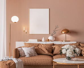 Elegant interior design, modern living room with frame mockup on orange color background, 3d render