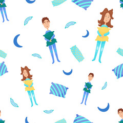 World sleep day. Sleepy couple of people with pillows. Vector illustration of sleep problem. Pattern