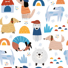 Seamless pattern with cute dogs. Creative kids hand drawn texture for fabric, wrapping, textile, wallpaper, apparel. Vector hand drawn illustration