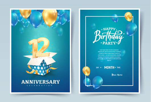 12th years birthday vector invitation double card. Twelve years anniversary celebration brochure. Template of invitational for print on blue background