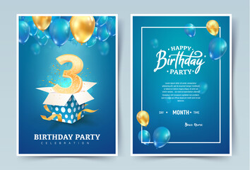 3 th years birthday vector invitation card. Three years anniversary celebration brochure. Template of invitational for print on blue background