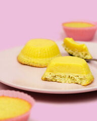 Traditional Gabonese dessert coconut flan. Delicate aromatic flan with coconut flakes. Pink background, food still life.