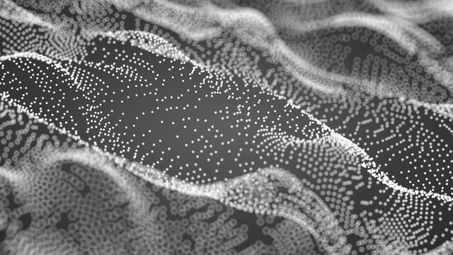 Abstract low poly landscape of glowing dots. 3D rendering.