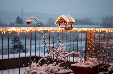 View of small roof garden with plants and wooden birdhouse feeder covered by christmas lights. Snow...