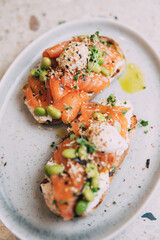 vegetables and salmon on bread