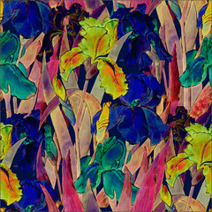 Colorful bright irises. Floral seamless pattern.
