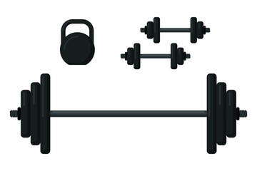  barbell, kettlebell and dumbbells for the gym in a flat style. Vector illustration