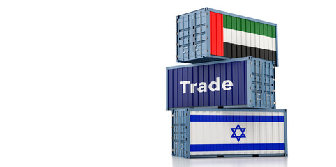 Freight containers with United Arab Emirates and Israel flag. 3D Rendering 