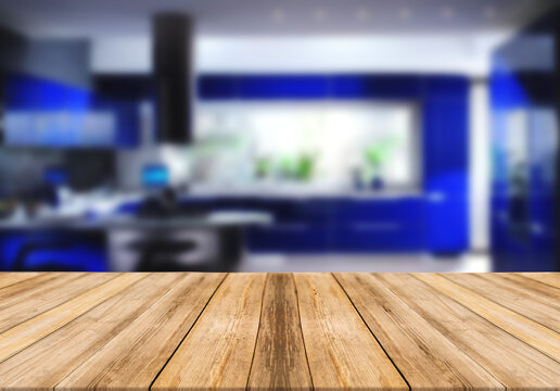 wooden-board-empty-table-blurred-background-blue-kitchen