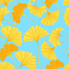 Seamless vector illustration with golden ginkgo leaves. Leaves of different shades and shapes on a blue background. Pattern for printing wallpapers, wrappers and postcards. 