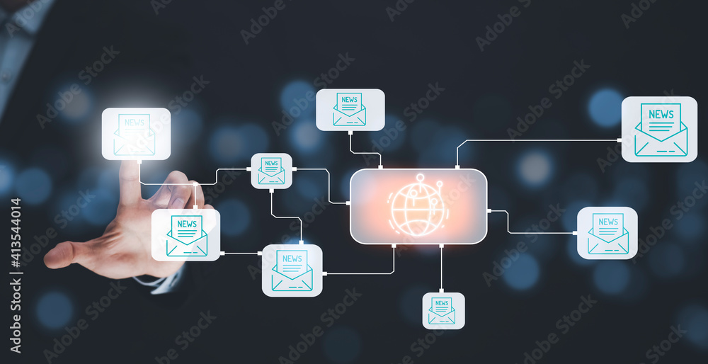 Poster businessman touching graph communication and business intelligence with chart and graph icons, team 