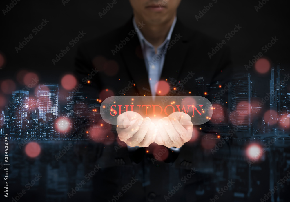 Poster business man holding shutdown button on virtual screen in the slide bar to unlocks for activation in
