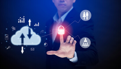 Businessman touching key connect to data information on the cloud icon with people and computing network, Backup Storage Data Internet, networking and digital, Share global, and technology, concept.