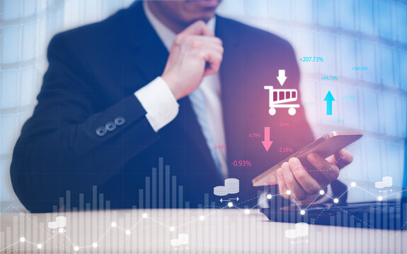 Businessman hand holding mobile phone, Digital Composite Image Of user Using Laptop With shopping online concept, data protection and secure internet access, marketing online technology. - Powered by Adobe