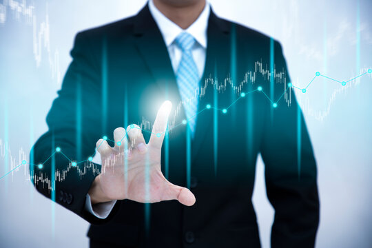 businessman touch line arrow on the graph stock marketing graph Screen Icon of a media screen,Technology Process System Business with Investment and stock market concept