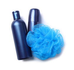 Shampoo, roller deodorant and bast wisp isolated on white, top view. Men's cosmetics
