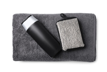 Shower gel, towel and bast wisp isolated on white, top view. Men's cosmetics