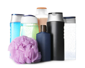 Personal hygiene products and shower puff isolated on white