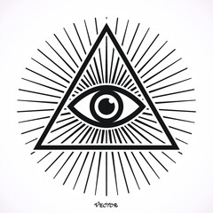Eye of Providence. Masonic symbol. All seeing eye inside triangle pyramid. New World Order. Hand-drawn alchemy, religion, spirituality, occultism. Isolated vector illustration. Conspiracy theory.