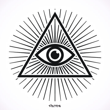 Eye of Providence. Masonic symbol. All seeing eye inside triangle pyramid. New World Order. Hand-drawn alchemy, religion, spirituality, occultism. Isolated vector illustration. Conspiracy theory.