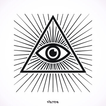 Eye of Providence. Masonic symbol. All seeing eye inside triangle pyramid. New World Order. Hand-drawn alchemy, religion, spirituality, occultism. Isolated vector illustration. Conspiracy theory.