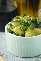 Smashed cucumbers salad, a dish of national Chinese cuisine